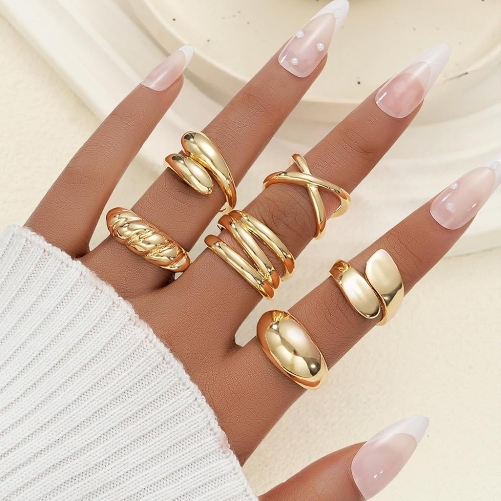 18K Gold Plated Chunky Stackable Rings Set - Picture 3 of 5